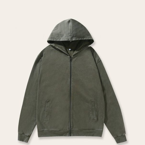 Vintage Washed Zip-Up Hoodie – Heavyweight Cotton Distressed Pullover For Men, Retro Streetwear (L-XXXXL, Black/Grey/Army Green)_viptrois.com