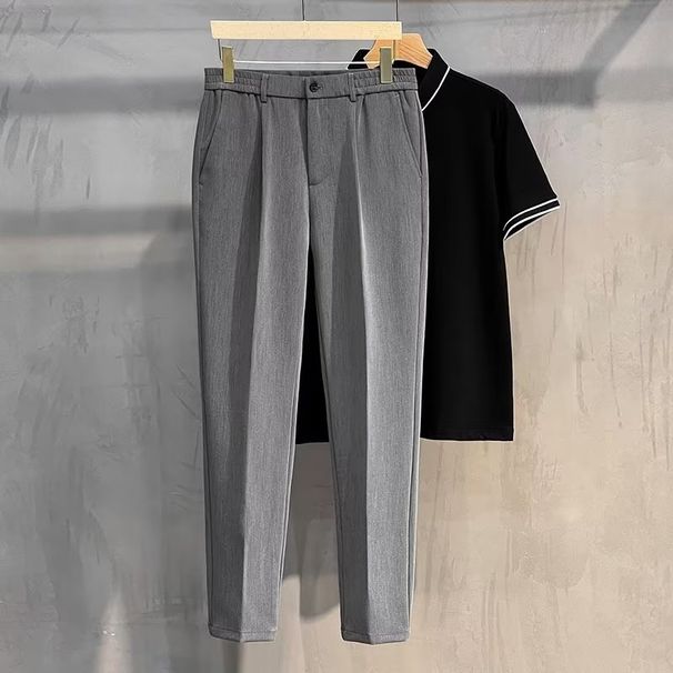 Men's Straight-Leg Casual Pants Plus Size Slim Fit Black Autumn/Winter Suit Pants Simple Style Ninemeter Shorts_viptrois.com