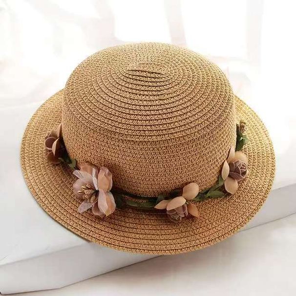 Hot Sale Parent-child Summer New Women's Sun Bucket Cap Beige Lace Bowknot Flowers Ribbon Flat Top Straw Hat Beach Caps Panama_viptrois.com