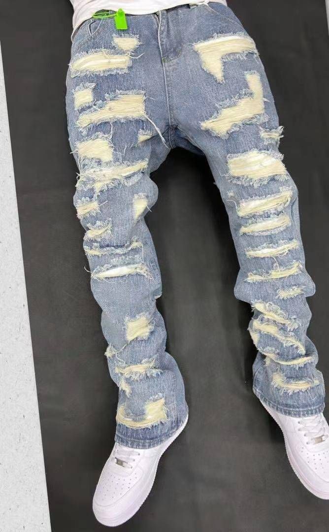 Men's Clothing Retro Heavy Industry Damage Erosion Patch Design Jeans High Street Hole Cleanfit Pants_viptrois.com