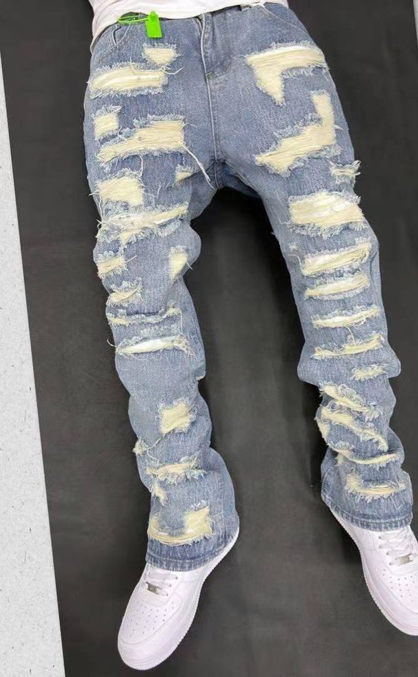 Men's Clothing Retro Heavy Industry Damage Erosion Patch Design Jeans High Street Hole Cleanfit Pants_viptrois.com