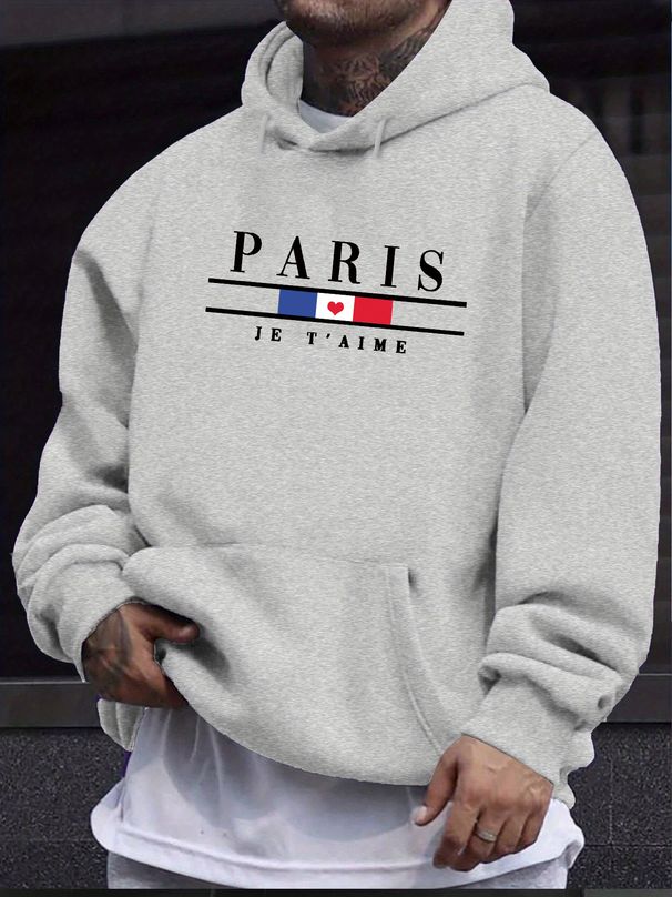 Men's Autumn And Winter Casual Fashionable Loose Hooded Sweatshirt With Parisian Letter Pattern Printed Warm Long Sleeved Pullover_viptrois.com