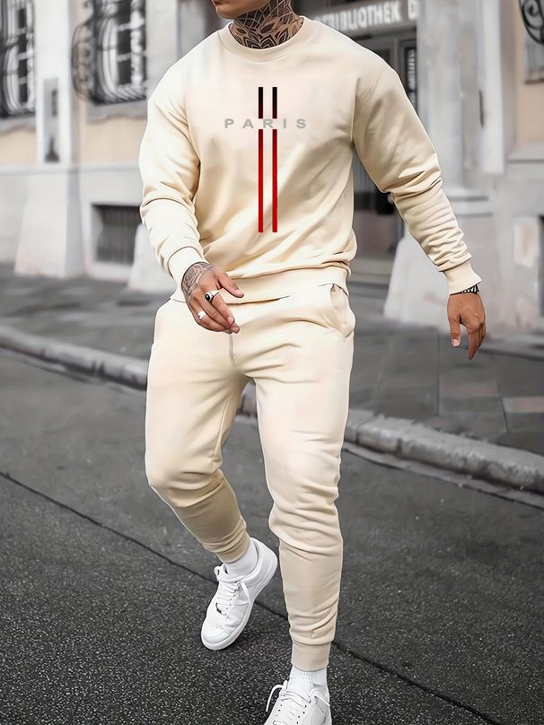 Men's Autumn And Winter Casual Warm Paris Letter Pattern Print Loose Thick Velvet Round Neck Sports Shirt+sports Pants Set_viptrois.com