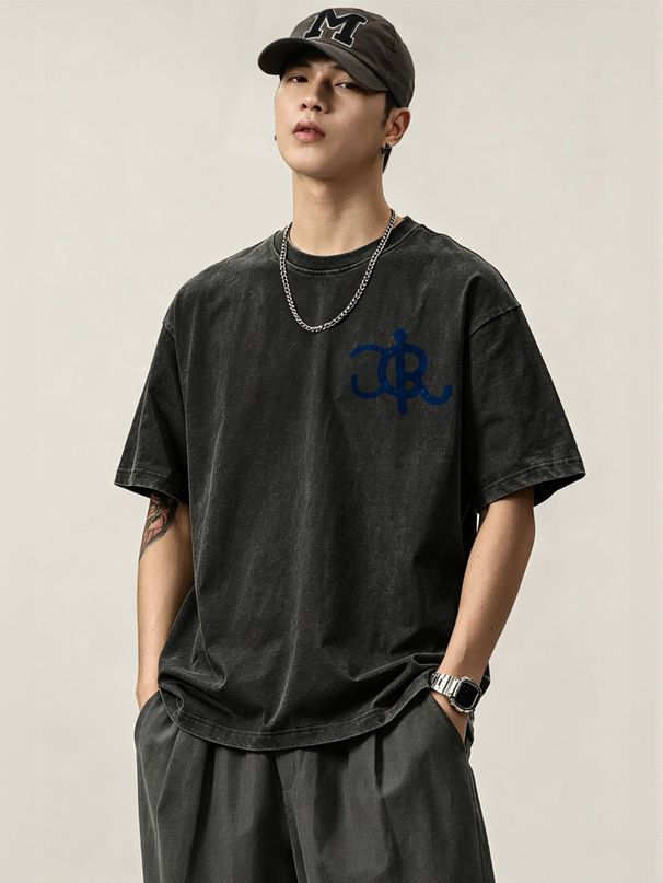230g Washed Men T-Shirt Black Thorn Edge Cross Graphic Print Short Sleeve Crew Neck Casual Streetwear Top_viptrois.com
