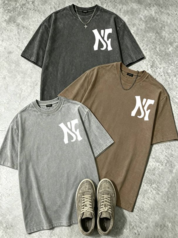 100% Cotton Washed Vintage Men's 3-Pack T-shirts Stylized NF Monogram Print Crew Neck Short Sleeve Casual Tops In Gray Brown Light Gray_viptrois.com