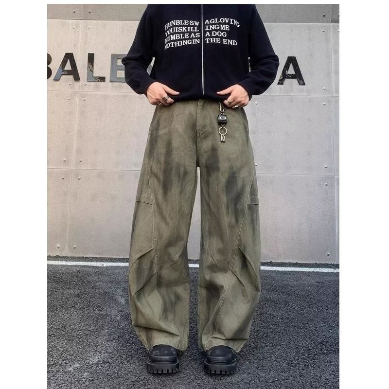 Men's Clothing Loose Pleated Patchwork Distressed Workwear Jeans Casual Wide Leg Silhouette Scimitar Pants_viptrois.com