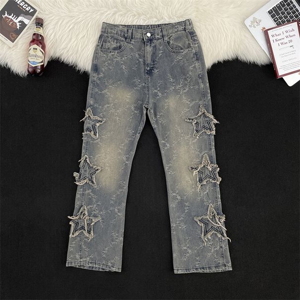 Men's Clothing Star Jacquard Jeans For Men, Spring And Autumn, Niche Design, Cool Pants, High Street Vibe, Straight Flared Pants_viptrois.com