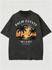 Summer Washed Cotton T-Shirt, Men's Palm Estate Miami Florida Sunset Print, Retro Coastal Vacation Style, Casual Oversized Tee_viptrois.com