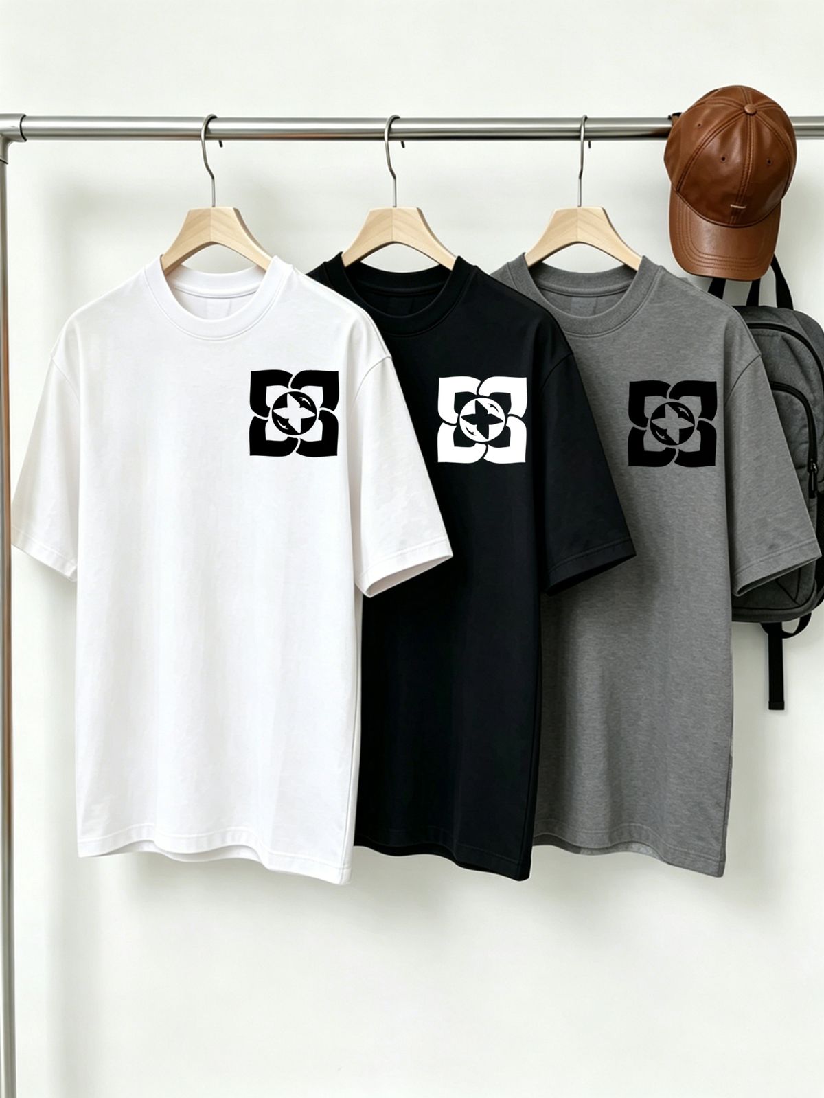 100% Cotton Men's 3-Pack T-shirts Four-Petal Star Geometric Print Crew Neck Short Sleeve Casual Tops In Black White Gray_viptrois.com