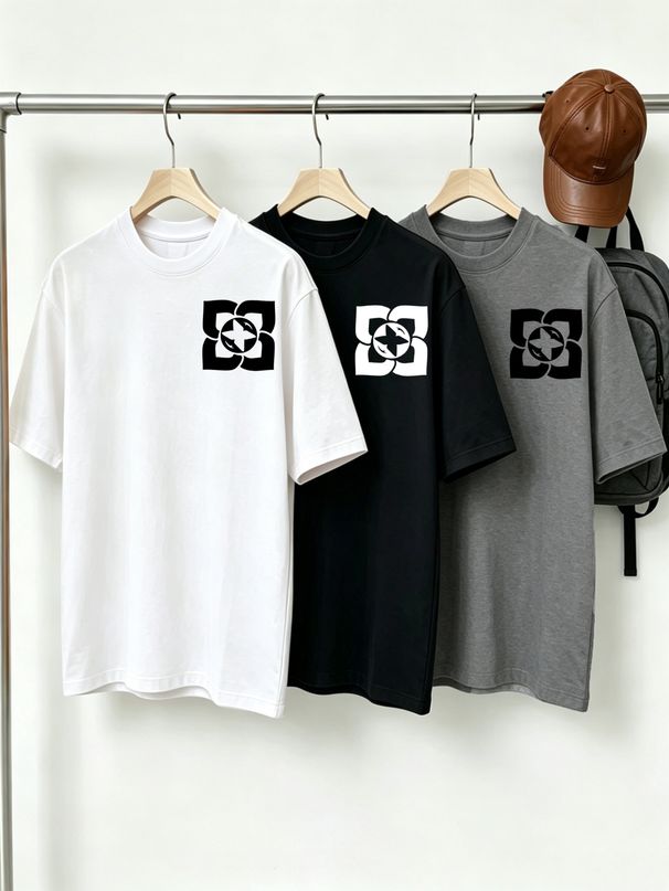 100% Cotton Men's 3-Pack T-shirts Four-Petal Star Geometric Print Crew Neck Short Sleeve Casual Tops In Black White Gray_viptrois.com