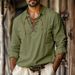Men's Clothing European And American Men's New Cotton And Linen Lapel Loose Shirt Home Pullover V Neck Tie Long Sleeved Shirt Men's Clothing_viptrois.com