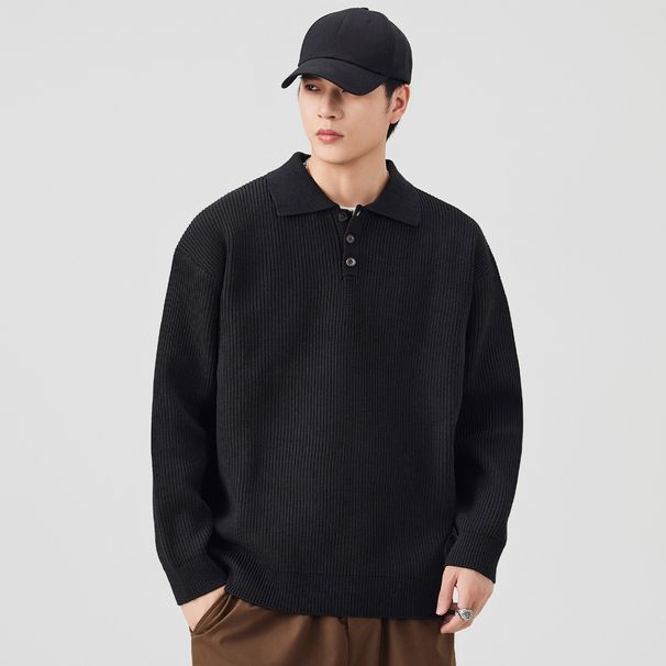 Retro Collar Knit Sweater – Oversized Pullover For Men (M-3XL, Polyester Blend, Minimalist Solid Colors)_viptrois.com