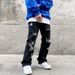 Loom Black High Street Fog Personalized Letter Embroidery Jeans For Men Ins European And American Hip Hop Ripped Flared Loose_viptrois.com
