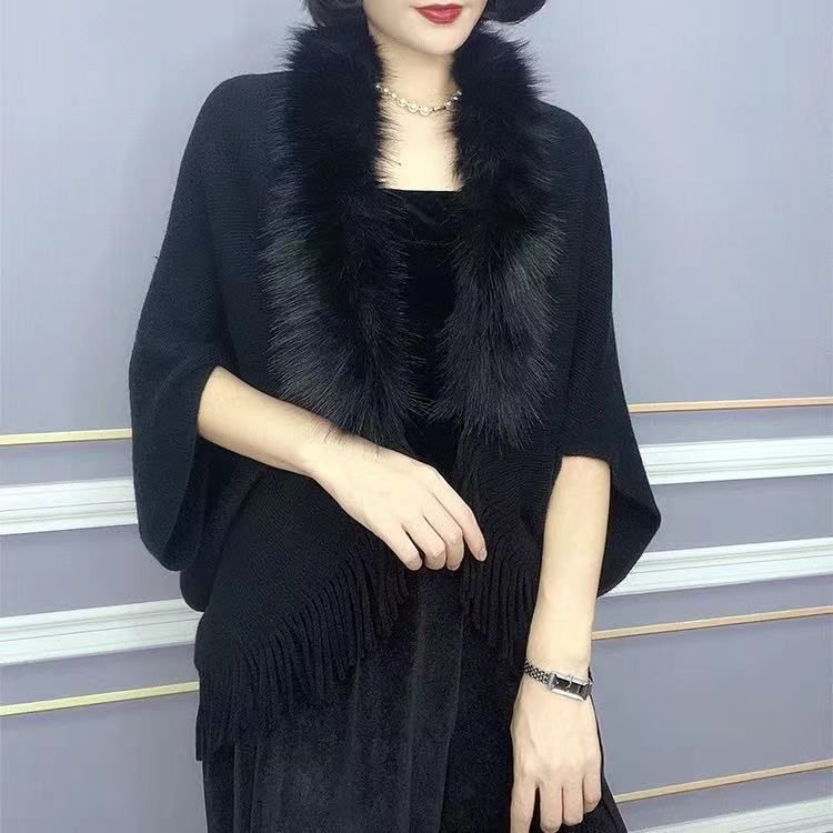Fur collar cape cape large size knitted cardigan loose coat cape sweater_viptrois.com
