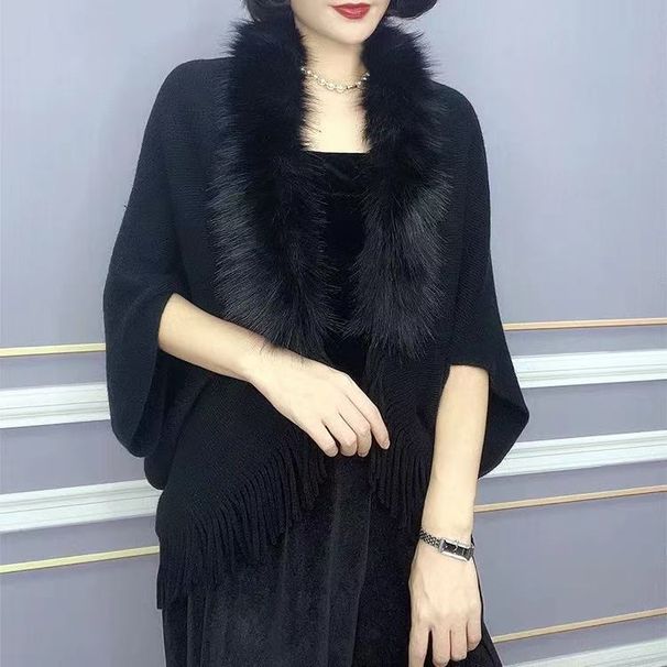Fur collar cape cape large size knitted cardigan loose coat cape sweater_viptrois.com