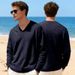 Men's Clothing Loose-Fit V-Neck Knit Sweater With Jacquard Pattern – Breathable Polyester Long Sleeve Pullover, Casual Streetwear (Sizes S-XXXL)_viptrois.com