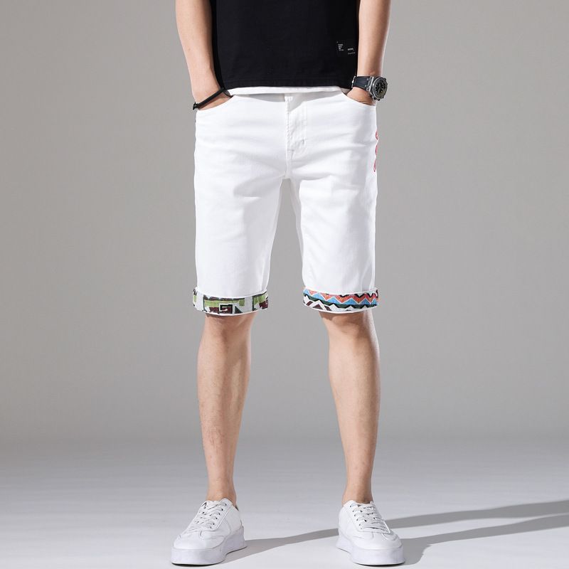 Men's white denim shorts Korean style trendy mid-waist five-quarter pants for men_viptrois.com