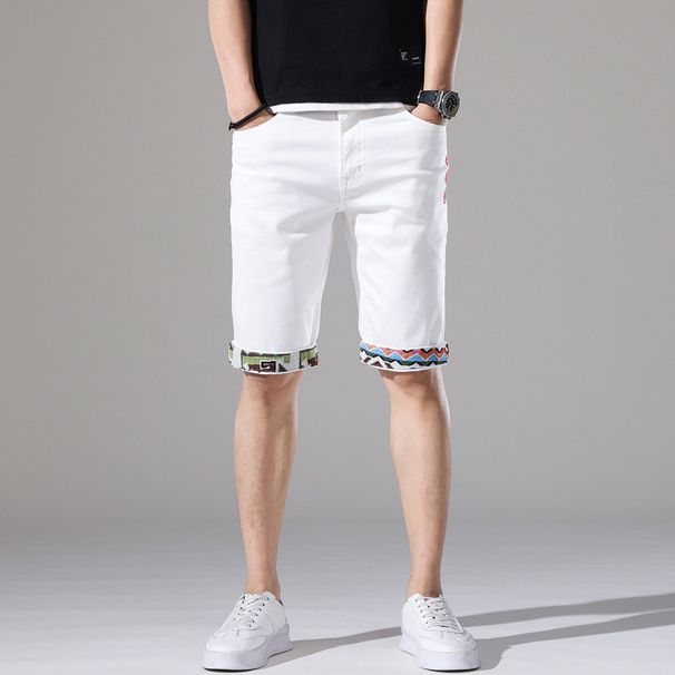 Men's white denim shorts Korean style trendy mid-waist five-quarter pants for men_viptrois.com