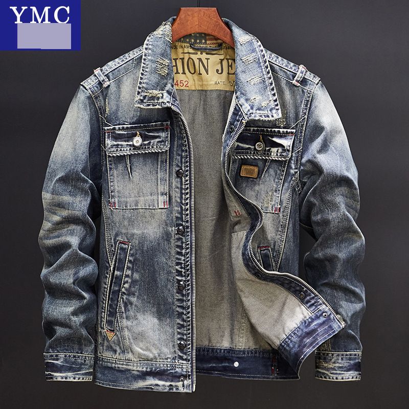 Men's Clothing Vintage Men's Denim Jacket – Retro Loose Fit Biker Style Coat, Light Blue, Comfortable Cotton Blend (Sizes M-4XL)_viptrois.com