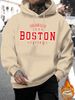 Men's Autumn And Winter Casual Fashion Loose Hooded Sweatshirt Boston Letter Pattern Print Warm Long Sleeved Pullover_viptrois.com