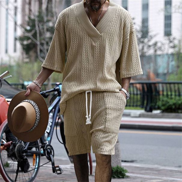 Summer 2025 European-Amecian Fashion Men's V-Neck Short Sleeve T-Shirt + Drawstring Shorts 3D Three-Dimensional Relief Style 2 Piece Casual Sets S-3XL_viptrois.com