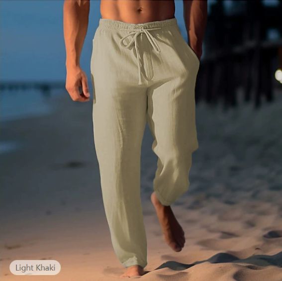 Comfortable And Breathable · Men's Clothing: Men's Linen Beach Pants, Straight-leg, Single-color, Comfortable Outdoor Casual Pants_viptrois.com