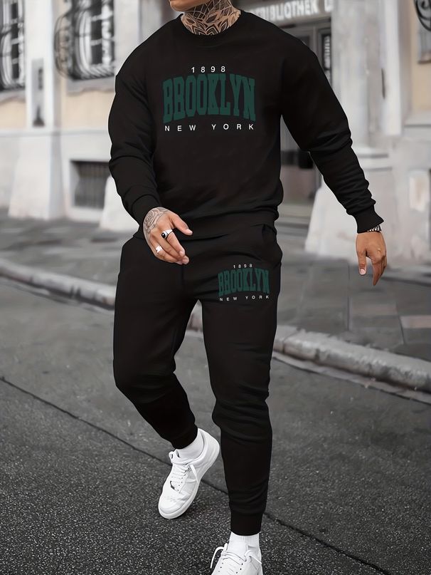 Men's Autumn And Winter Casual Warm Brooklyn Print Loose Thick Velvet Round Neck Sports Shirt+sports Pants Set_viptrois.com