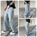 Men's Clothing Unisex Distressed Denim Jeans With Pearl Embellishments – Oversized Straight-Leg Pants (L-XXXL) | Vintage Washed Blue/Black_viptrois.com