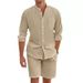Men's Clothing Summer Shirt Set American Style Solid Color Stand Up Collar Loose Casual Breathable Linen_viptrois.com