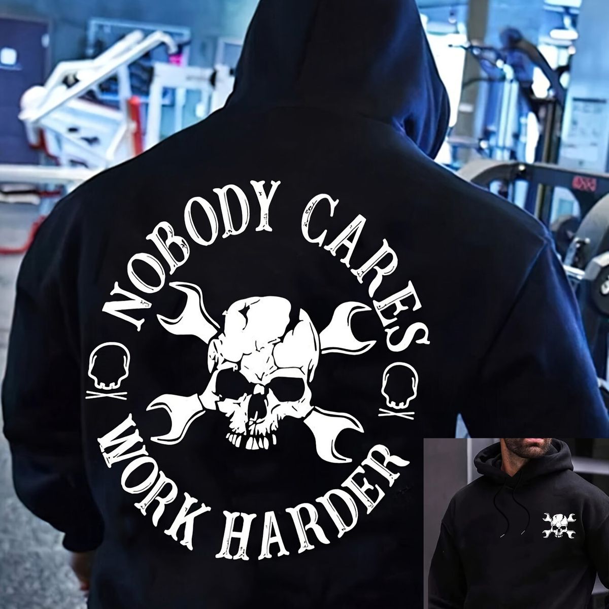 Men's Autumn And Winter Casual And Fashionable Loose Hooded Sweatshirt, Nobody Cares Skull Print Warm Long Sleeved Pullover_viptrois.com