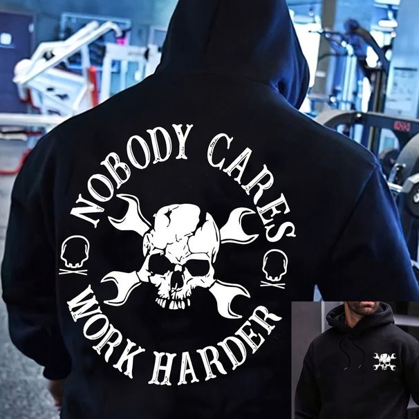 Men's Autumn And Winter Casual And Fashionable Loose Hooded Sweatshirt, Nobody Cares Skull Print Warm Long Sleeved Pullover_viptrois.com