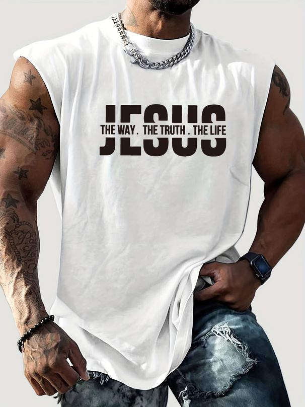 100% Pure Cotton Men's Summer Casual Sports Fitness Loose JESUS Letter Pattern Printed Breathable Round Neck Sleeveless Vest_viptrois.com