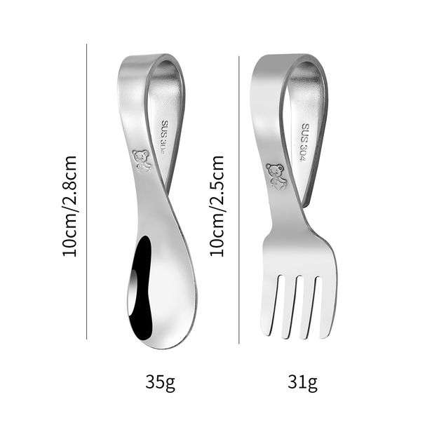 Mother & Kids 304 Stainless Steel Portable Children's Tableware Set Toddler Spoon And Fork With Storage Box Curved Handle Baby Training Spoon_viptrois.com