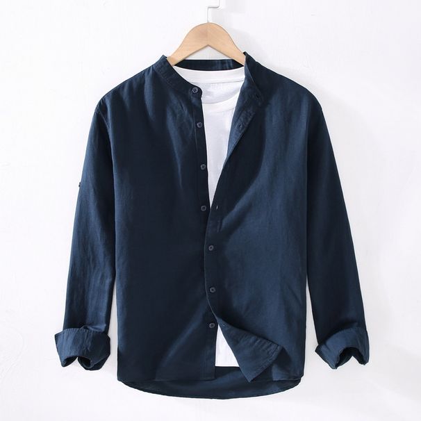 Linen Shirt Men's Casual Simple Long Sleeved Thin Style Solid Color Stand Up Collar Breathable Cotton Linen Shirt_viptrois.com