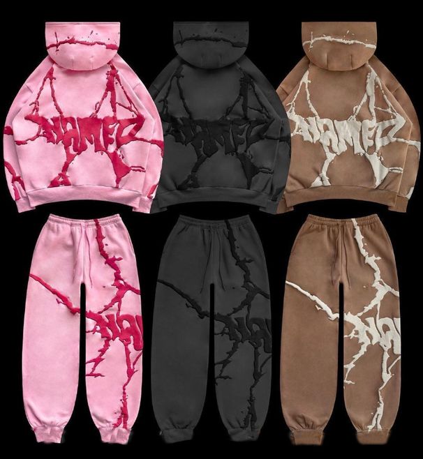 Men's Clothing Spot 2024 European And American Cross Border Autumn And Winter New Retro Foaming Printed Hooded Sweatshirt Thickened Loose Boys Suit_viptrois.com