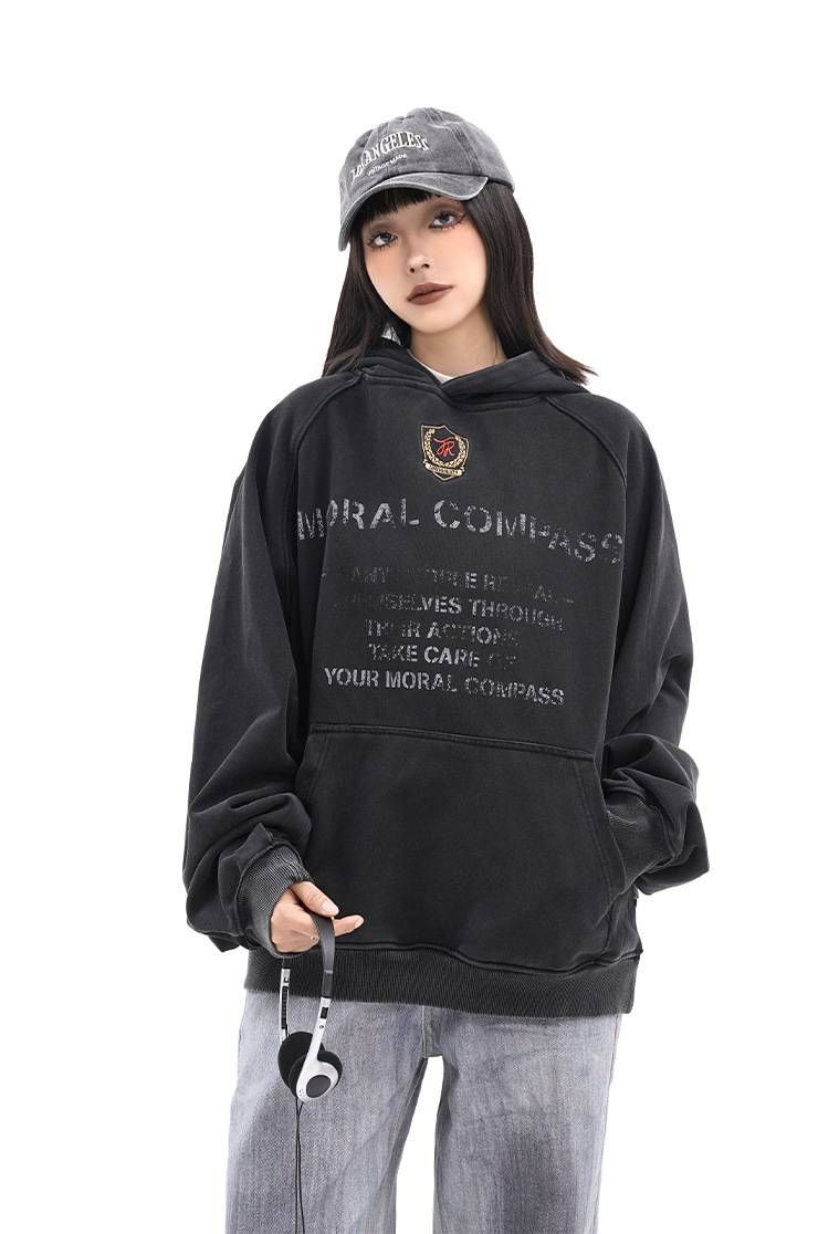 Men's Clothing Retro Old Letter Print Hooded Sweatshirt Hip Hop Oversize Lazy Hoodie_viptrois.com