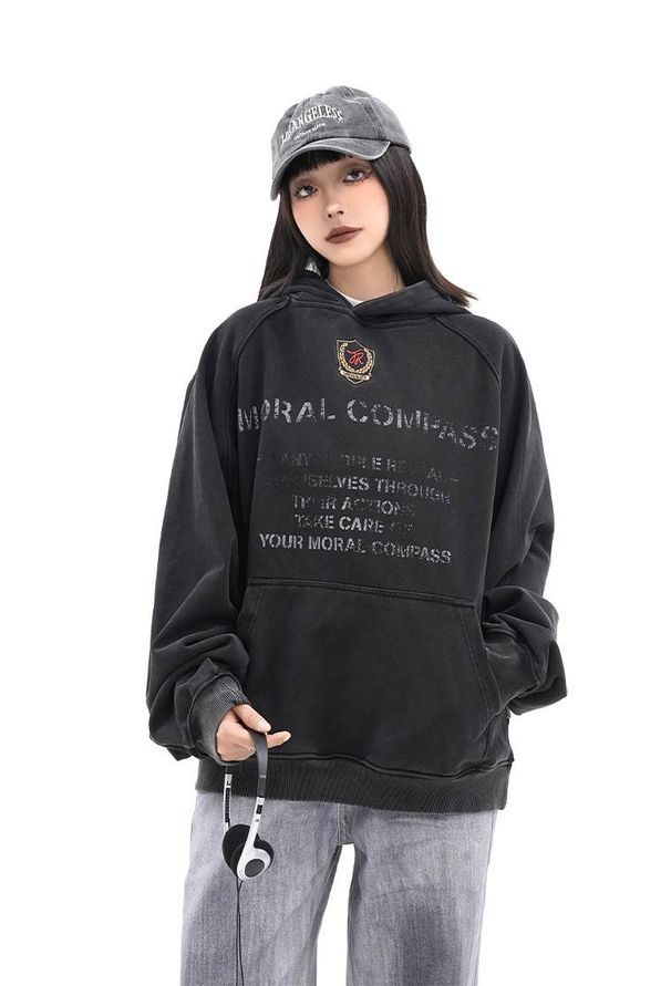 Men's Clothing Retro Old Letter Print Hooded Sweatshirt Hip Hop Oversize Lazy Hoodie_viptrois.com