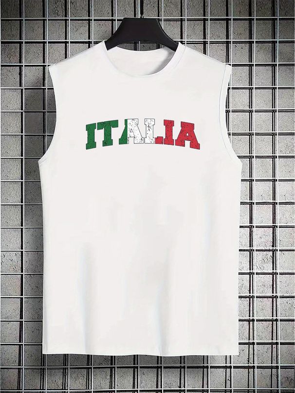 100% Pure Cotton Men's Summer Casual Sports Fitness Loose ITALIA Letter Pattern Printed Breathable Round Neck Sleeveless Vest_viptrois.com
