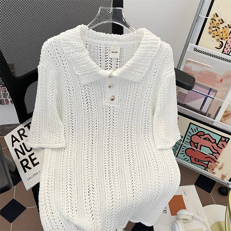 Men's Stylish Hollow-Out Collar Short-Sleeve Knit Shirt, Summer Retro Loose Fit Casual T-Shirt, Breathable & Machine Washable_viptrois.com