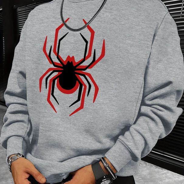 Men's Loose Casual Fashionable Spider Pattern Printed Round Neck Long Sleeved Sweatshirt Suitable For Autumn And Winter Wear_viptrois.com