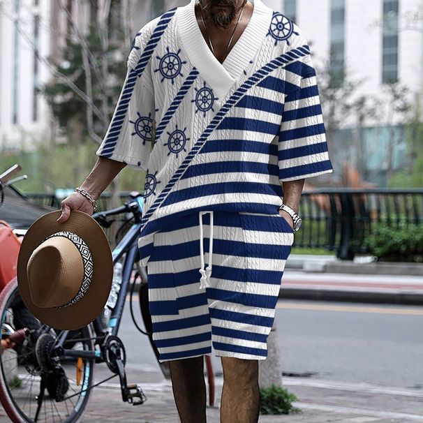 2024 American Style Drop Shoulder Navy Blue Printed Oversize Men's Knitted Short Sleeve And Shorts Set_viptrois.com