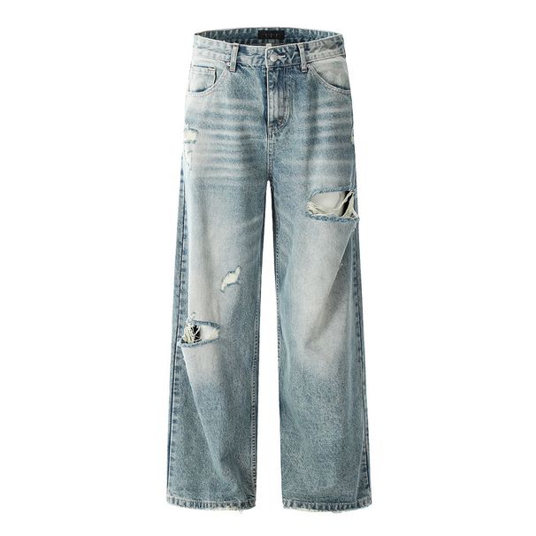 Distressed Jeans For Men Street Style Gradient Washed Wide-Leg Straight Long Punk Wasteland Vintage Loose Casual Pants_viptrois.com