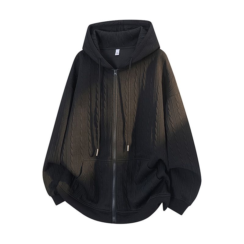 Men's Hooded Zip-Up Sweatshirt - Retro Style Pullover With Jacquard Design, Loose Fit Casual Long Sleeve Outerwear_viptrois.com