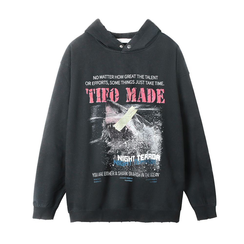 Washed Printed Shark Men's Streetwear American Style Side Pocket Hoodie Vintage_viptrois.com
