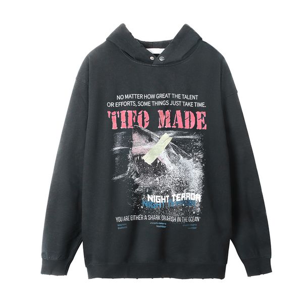 Washed Printed Shark Men's Streetwear American Style Side Pocket Hoodie Vintage_viptrois.com