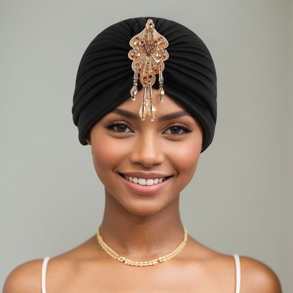 Spring New Forehead Tassel Pendant High End Retro Solid Color Fashion Temperament Turban Hat Ethnic_viptrois.com