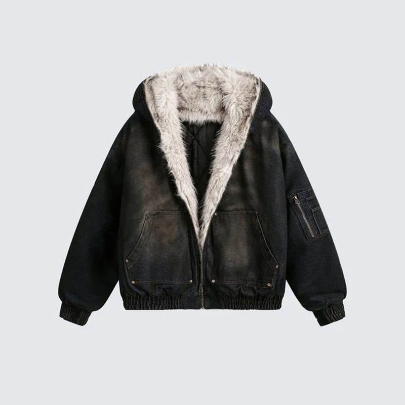 Washed Denim Cotton Clothes With Fleece Jacket American Street Waste Soil Cotton Clothes_viptrois.com