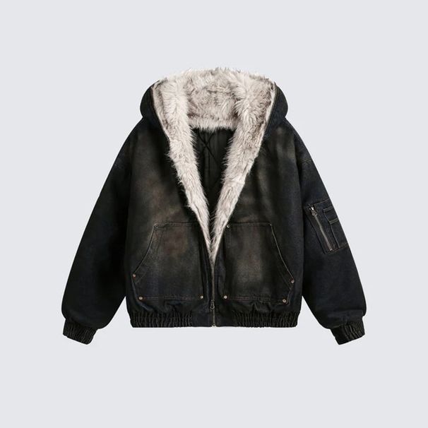Washed Denim Cotton Clothes With Fleece Jacket American Street Waste Soil Cotton Clothes_viptrois.com