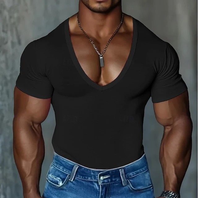 2025 Men's V-Neck Slim Fit Solid Color Casual T-Shirt Short Sleeve Men_viptrois.com
