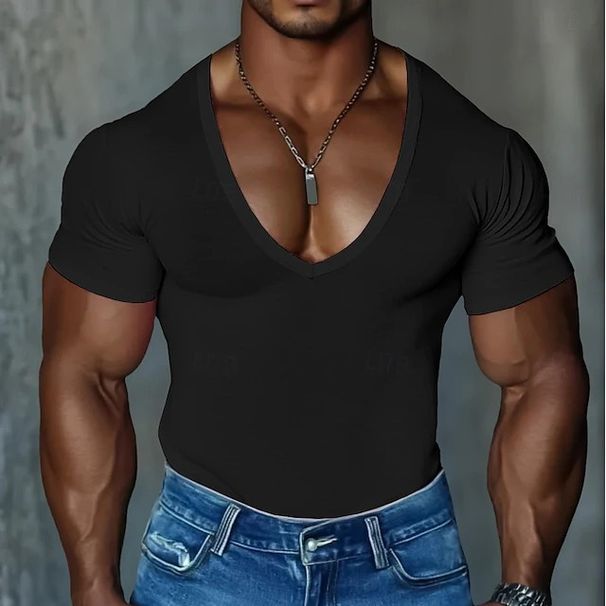 2025 Men's V-Neck Slim Fit Solid Color Casual T-Shirt Short Sleeve Men_viptrois.com
